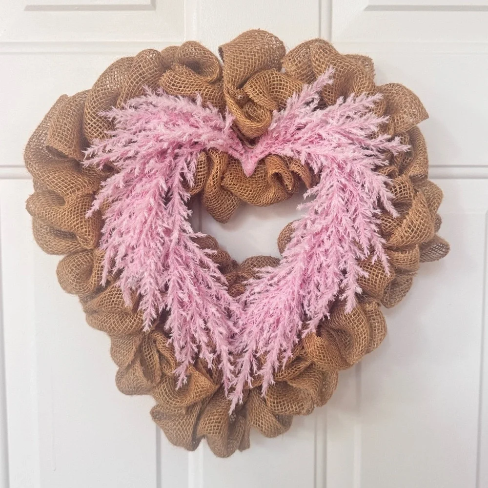 Valentines Heart-Shaped Burlap Wreath with Pink Accents